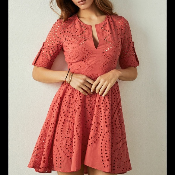 BCBGMaxAzria Dresses & Skirts - BCBGMaxAzria Eyelet Embroidery Cotton Dress M Rococo Red.  Fit and Flare